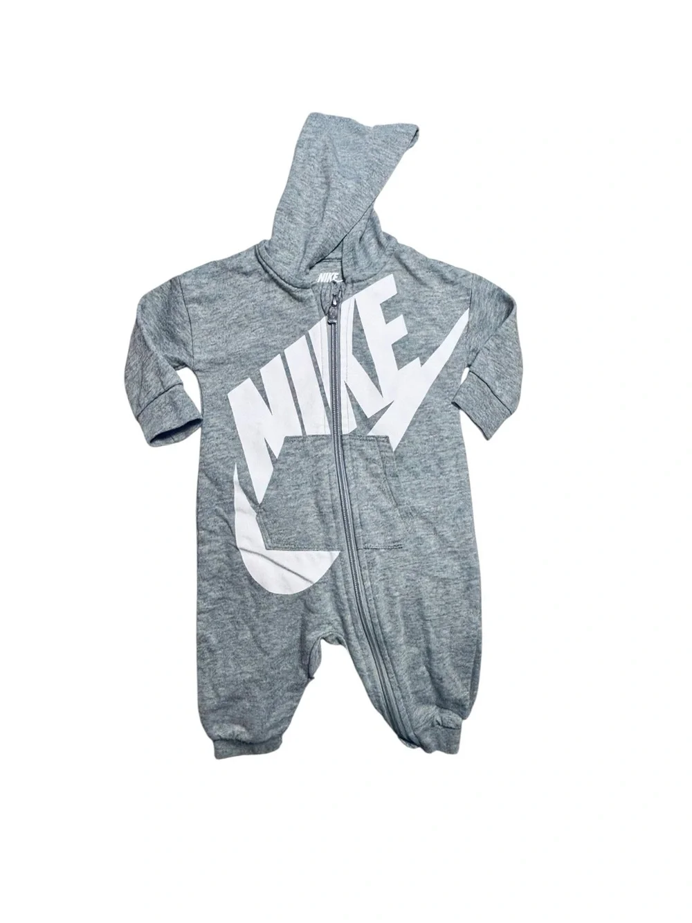 Nike Gray Hooded Baby One-Piece with White Logo 6M 4 0584